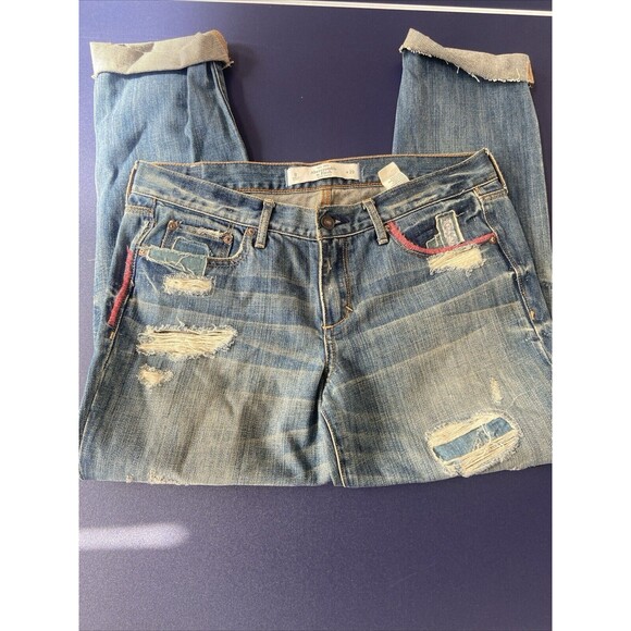 Abercrombie & Fitch Jeans 29 Patch Distressed Denim Raw Hem Mid Rise Boyfriend - Picture 12 of 12